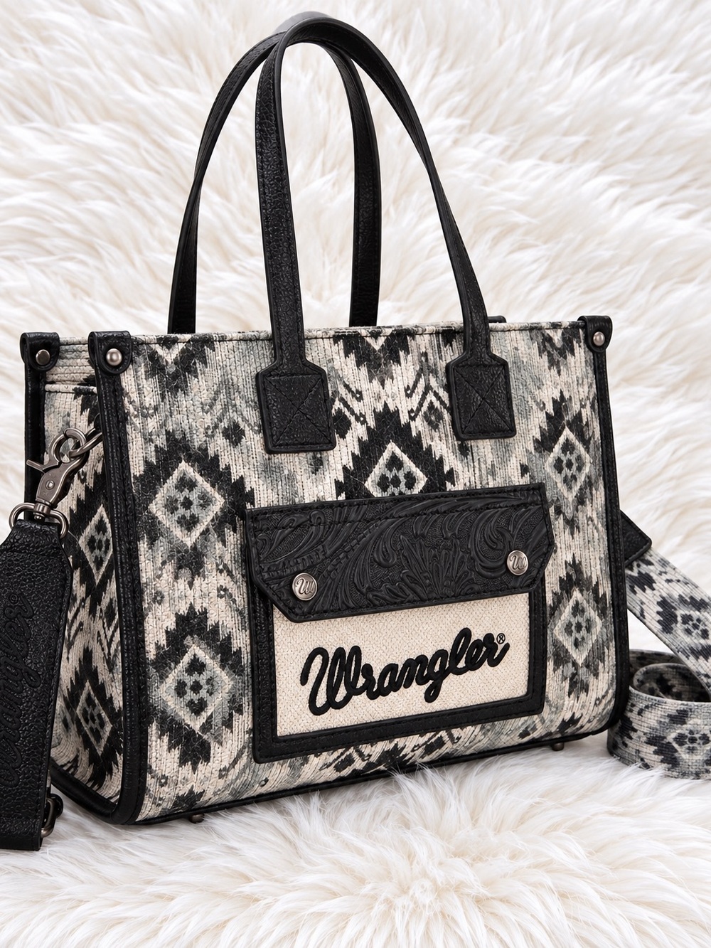 Wrangler Southwestern Aztec Tote Bag – Black & Gray with Crossbody Strap
